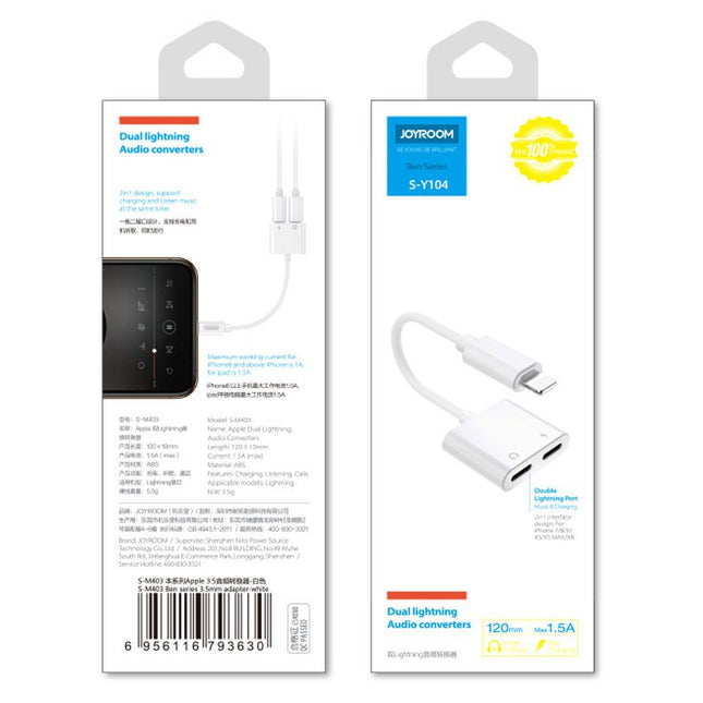 Joyroom Lightning - 2x Lightning hoofdtelefoonadapter audio en opladen wit