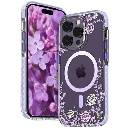 Magnetische Hülle der Kingxbar Flora-Serie für iPhone 14 Pro MagSafe mit Pfingstrosen-Print verziert