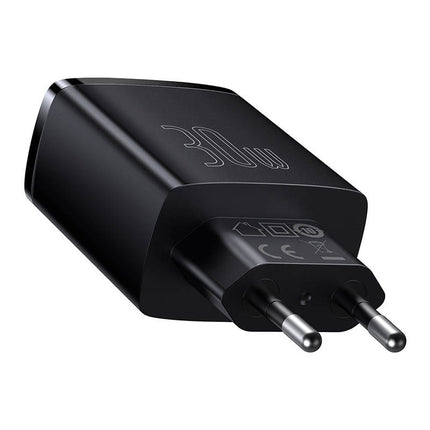 Baseus Compact Snellader, 2xUSB, USB-C, PD, 3A, 30W (zwart)