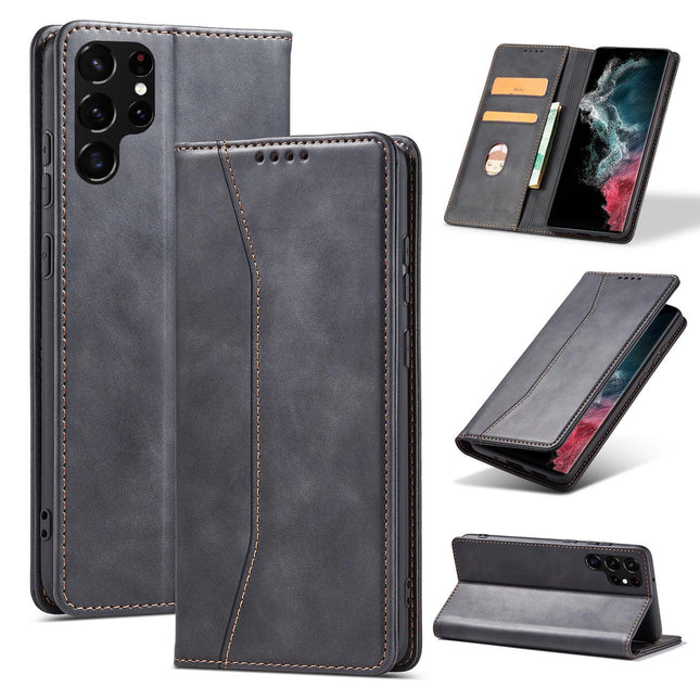 Magnet Fancy Case Hülle für Samsung Galaxy S22 Ultra Cover Kartenetui Kartenständer Schwarz