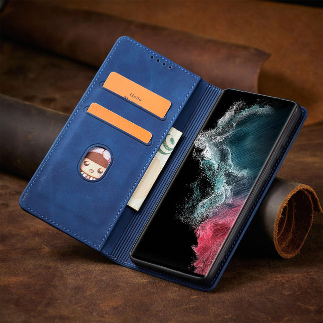 Magnet Fancy Case Hülle für Samsung Galaxy S22 Ultra Cover Kartenetui Kartenständer Blau