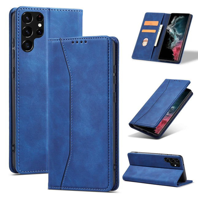 Magnet Fancy Case Hülle für Samsung Galaxy S22 Ultra Cover Kartenetui Kartenständer Blau
