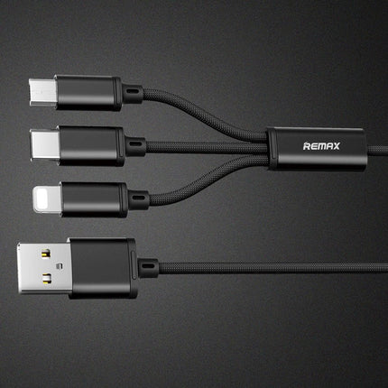 Remax Gition 3in1 RC-131th Nylon Gevlochten USB - micro USB / Lightning / USB-C Kabel 2.8A 1,15M zwart