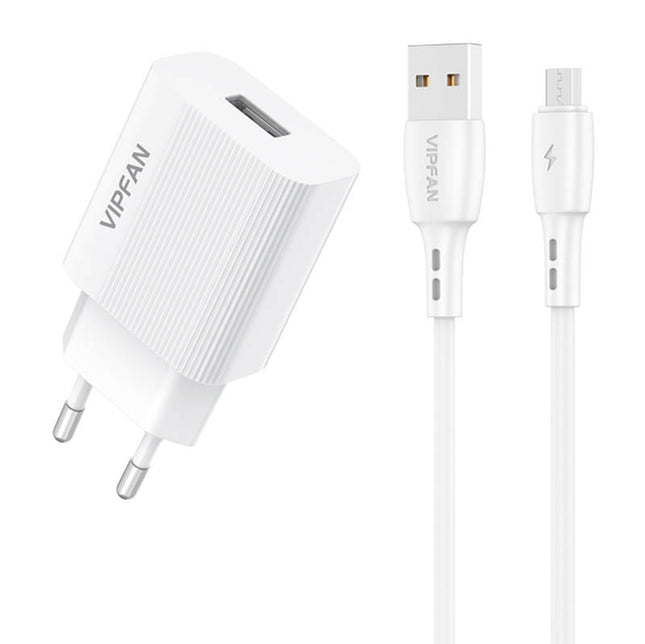 Vipfan E01 home charger, 1x USB, 2.4A + Micro USB cable (white)