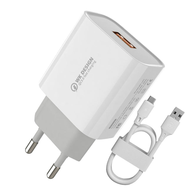 Remax WK Design Quick Charge 3.0 Wall Charger Travel Adapter USB 18 W 2.4 A + USB - Micro USB Cable White