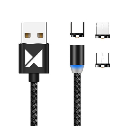 Magnetkabel USB / Micro USB / USB Typ C / Lightning Kabel 2,4A 1m mit LED Schwarz (WMC-01)