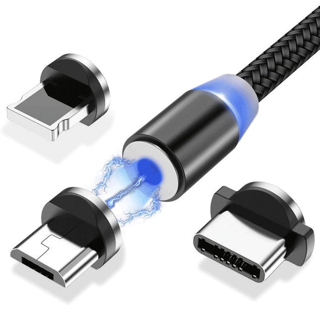 Magnetkabel USB / Micro USB / USB Typ C / Lightning Kabel 2,4A 1m mit LED Schwarz (WMC-01)