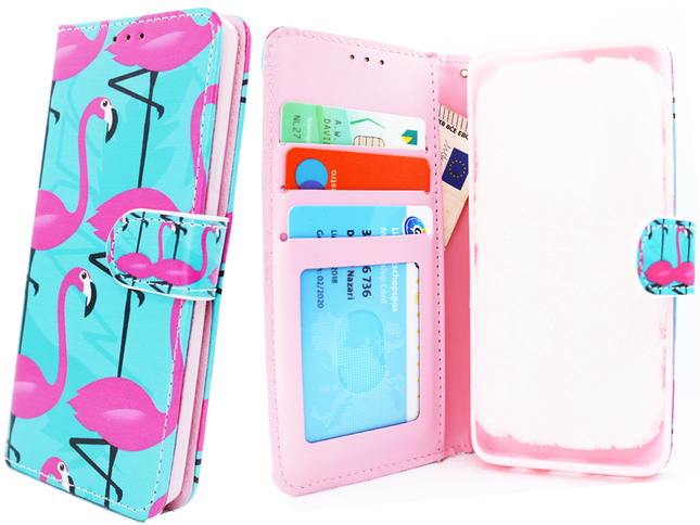 Schutzhülle für Samsung Galaxy J6 2018 mit Flamingo-Aufdruck, Brieftaschenformat