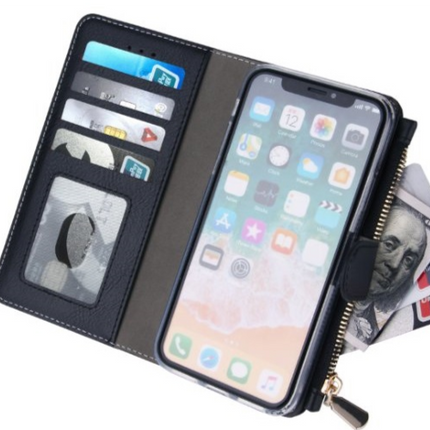 iPhone Xs Max case black book case with side zipper flip wallet case